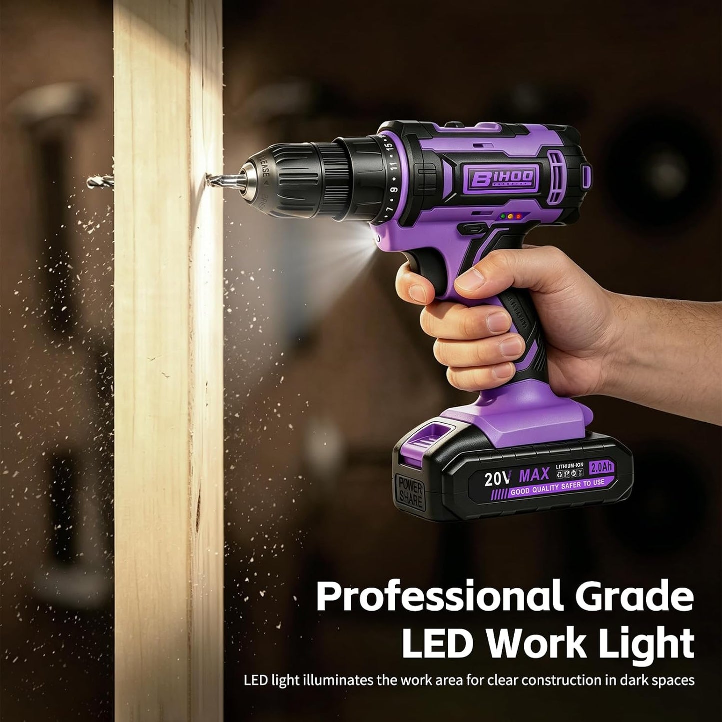 20V Cordless Drill with Battery and Charger, 3/8'' chuck, Purple | 25+1 torque settings, 25Nm max, 2-speed 1600RPM electric screwdriver, 3/8 inch keyless chuck, LED light, 2000mAh Li-ion power