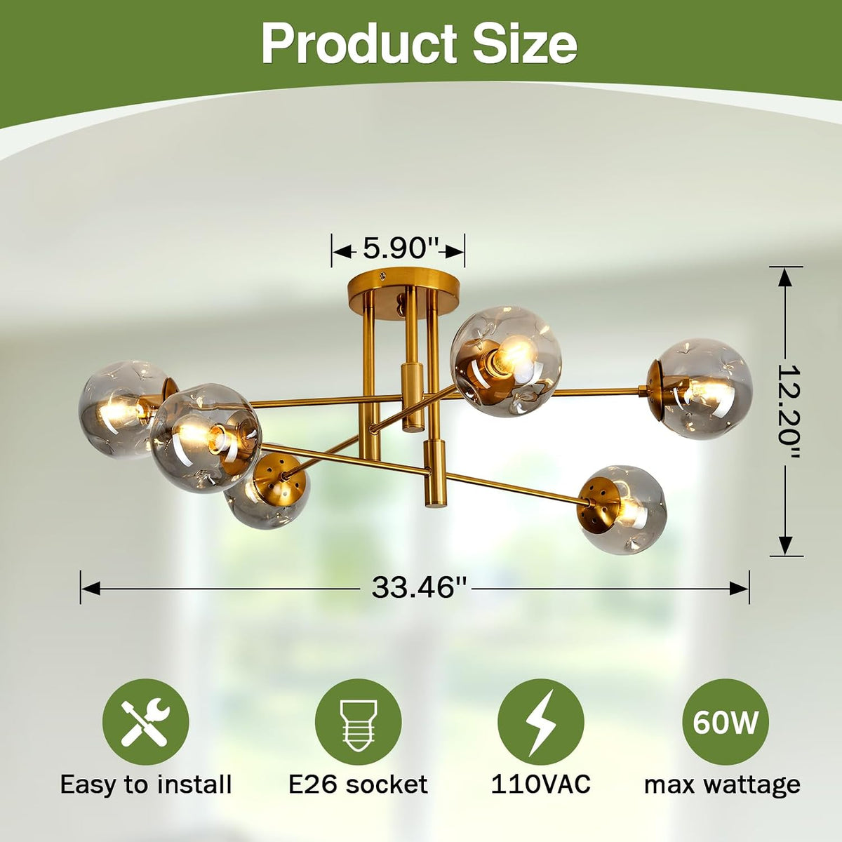 6-Lights Glass Globe Chandelier Modern Flush Mount Ceiling Light Fixture Gold Farmhouse Lighting for Dining Room Living Room Bedroom Kitchen Passageway.