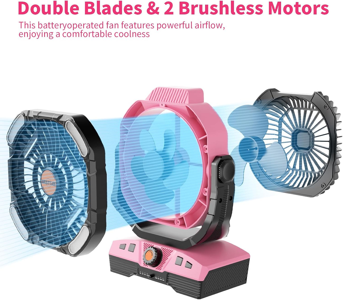 WESTTREE Camping Fan Oscillating Portable Fan 20000mAh Battery Powered Fans Rechargeable Camping Tent essentials Light Hook 270° Pivot USB Desk Outdoor Battery Operated X68 Pink