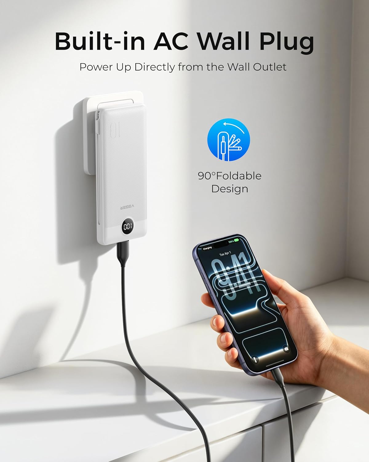 VEGER Portable Charger for iPhone, Power Bank Built in Cable and Wall Plug | 10000mAh,Ultra Slim&Compact,5 Outputs,LED Display,Flight-Safe,Travel Essentials Battery Pack for iPhone 17,iPad, Samsung,etc