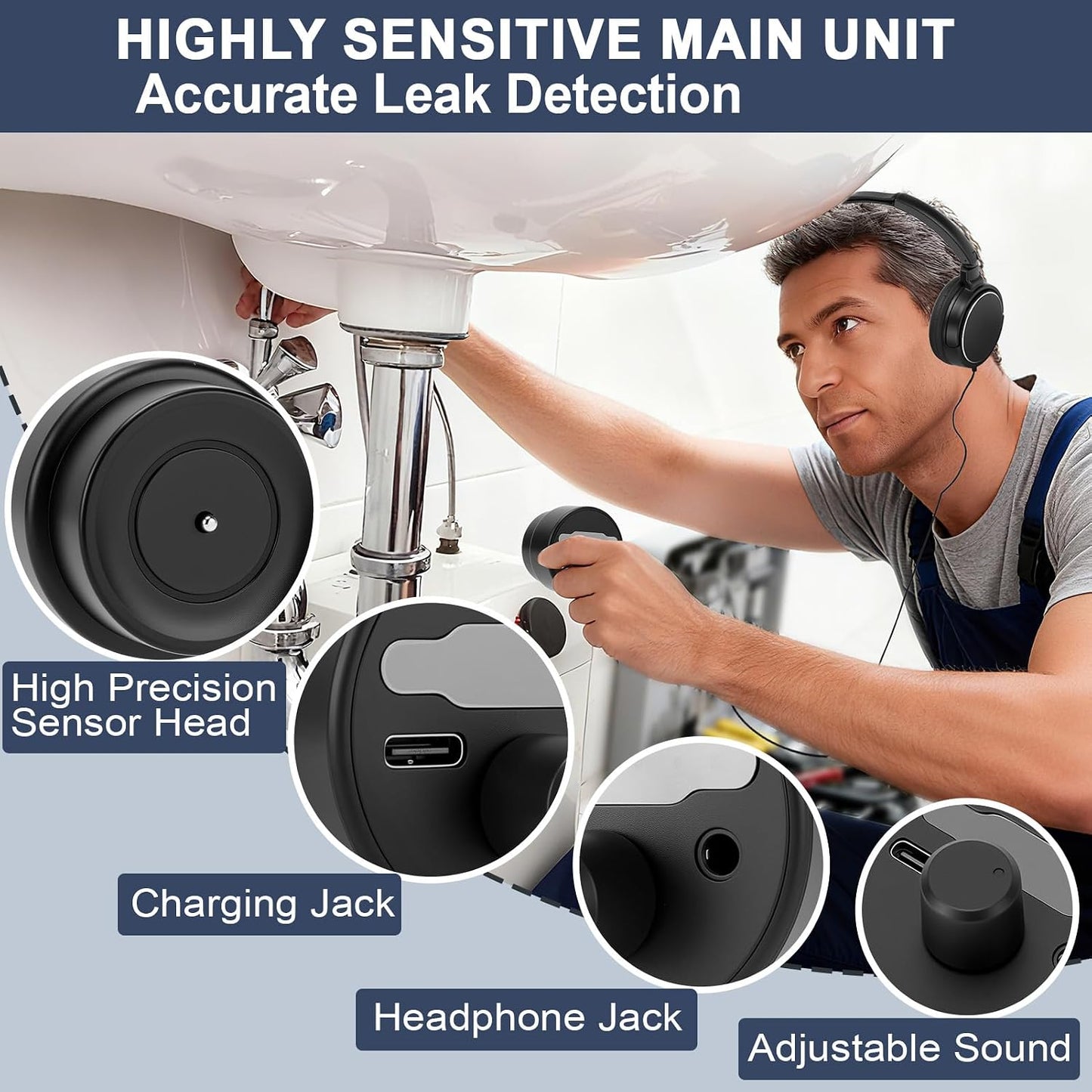 Water Leak Detector,Underground Water Leak Detector With Headphones,Water Leak Detector Tool with 5 Detection Lights,High Sensitive Sound Intensifier Water Leak Detection Device (With Large Earphones)