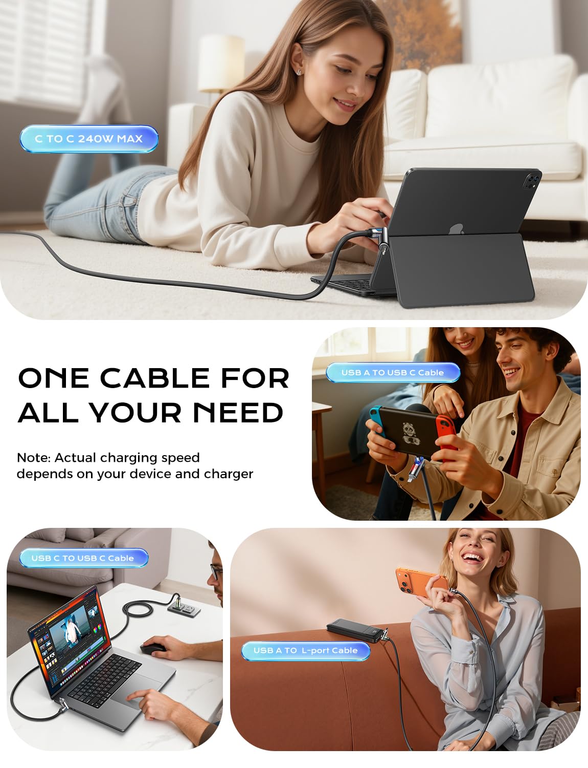 MAGIC JOHN 240W 4 in 1 Charging Cable, 6.6FT USB C to Lightning Cable [MFi Certified], Multi Chargers for All Devices, Chubby USB A/C to C/Lightning with Light for iPhone/MacBook/iPad/Samsung/Switch 2
