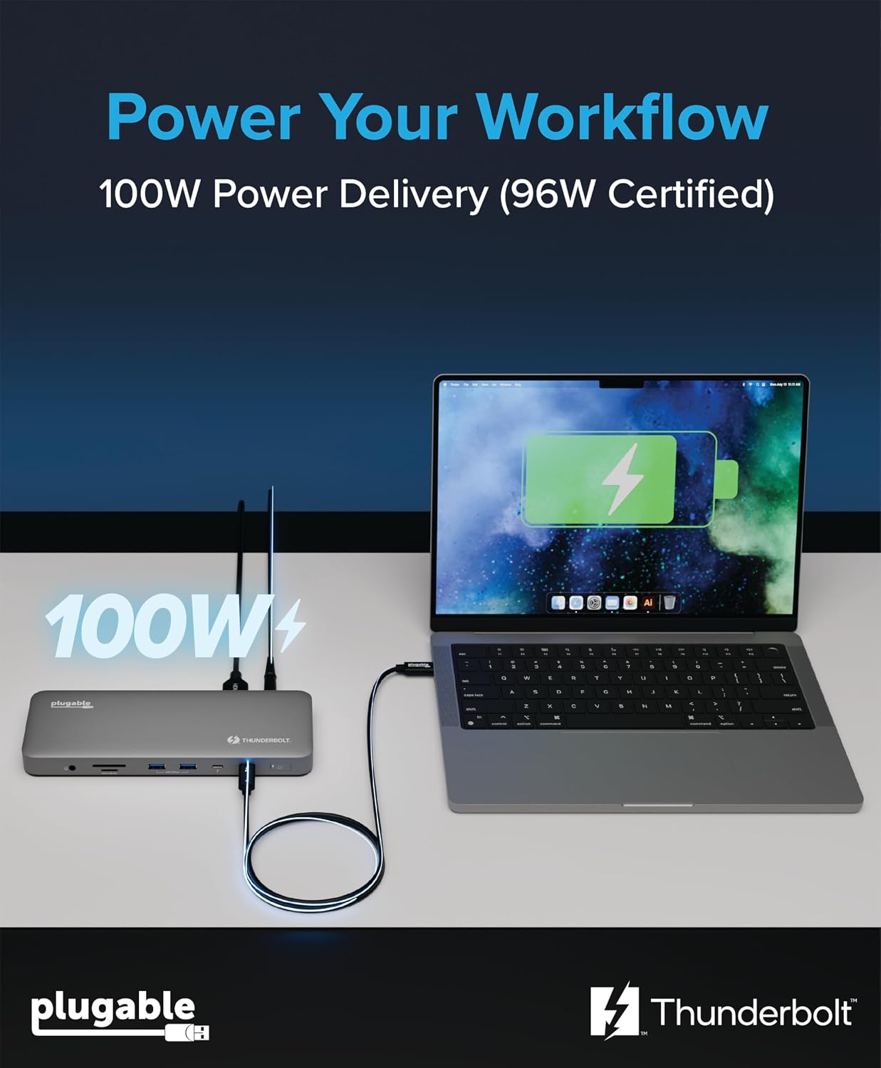 Plugable Thunderbolt 4 Dock for M4/M5 MacBook Air & Pro: 100W Charging Driverless Laptop Docking Station with 4K HDMI Dual Monitor or Single 6K, 6X USB, SD, Ethernet, Thunderbolt Certified (TBT-UDM)