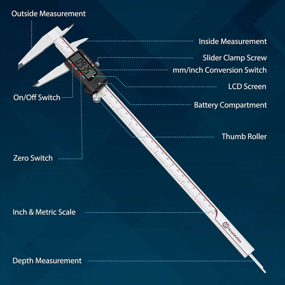 Housolution Digital Caliper 12 Inch, Caliper Measuring Tool with Large LCD Screen, Inch/MM, 4 Measuring Ways, Auto-Off LCD Stainless Steel Micrometer Vernier Caliper for Printing Jewelers Woodworkers