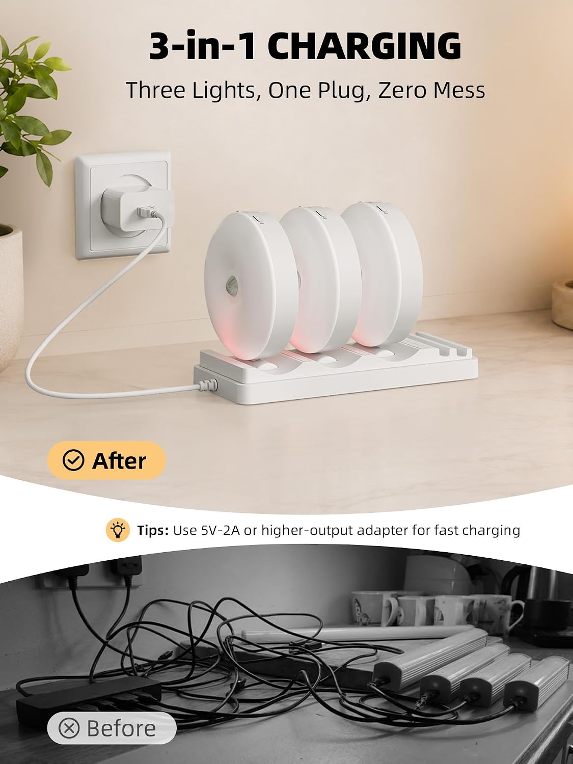 EZVALO Under Cabinet Lighting with Charging Station, 1000mAh Rechargeable Puck Lights with Remote, 3 Color Temps & 12 RGB Closet Lights, Dimmable Motion Sensor Lights for Shelf, Kitchen (6 Packs)