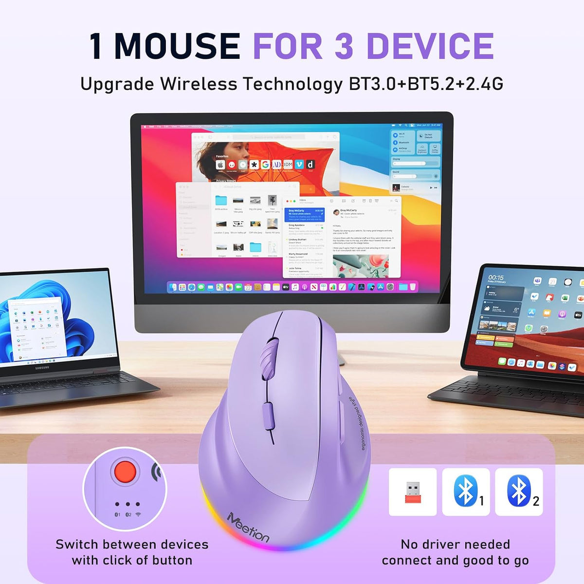 MEETION Left-Handed Wireless Ergonomic Vertical Mouse, Rechargeable -Purple | Dual Bluetooth 5.2/3.0 + USB, RGB lighting, 4 adjustable DPI, compatible with Windows, Mac, PC, iPad and tablets