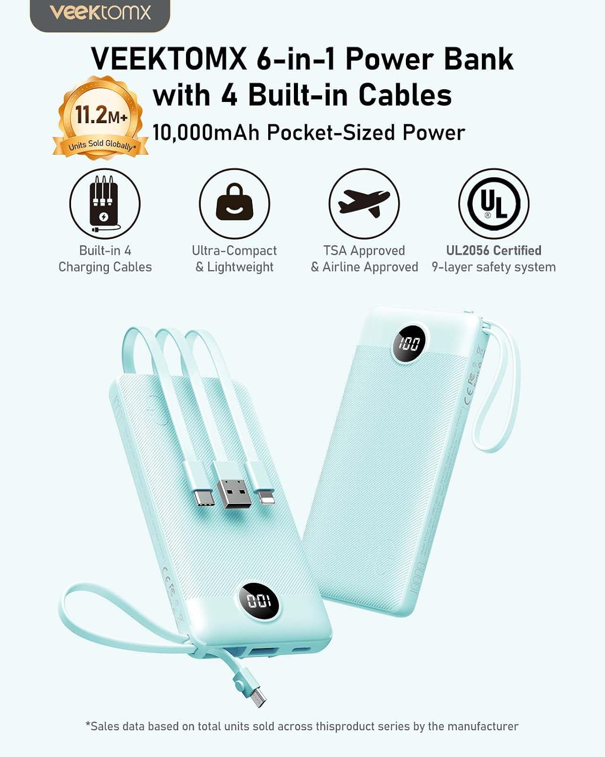 VEEKTOMX 10000mAh Portable Charger with Built-in Cables | Fast Charge Power Bank for iPhone 17/16/15 Samsung Android, USB C Battery Pack with iPhone Micro USB Travel Essentials, Blue