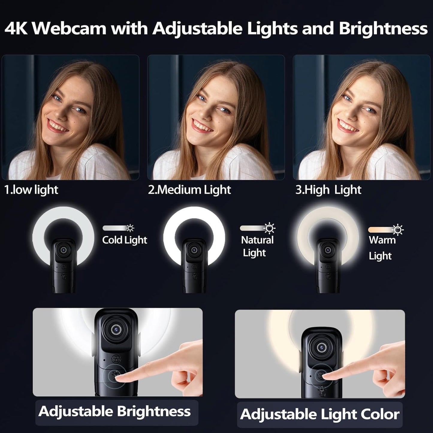 4K Webcam with Light, Web Camera with Microphone, Plug and Play, USB HD Computer Web Cam, Auto-Focus, 73°FOV PC Camera for Zoom Skype Teams, Desktop, Black