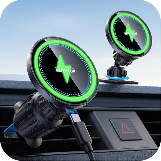 Lamicall 15W for MagSafe Car Mount Charger Vent Dashboard 360° for iPhone | 20x Strong Magnets Wireless Car Phone Holder Charger Phone Holder Accessories for Women Men for iPhone 17 16 15 Pro Max Black