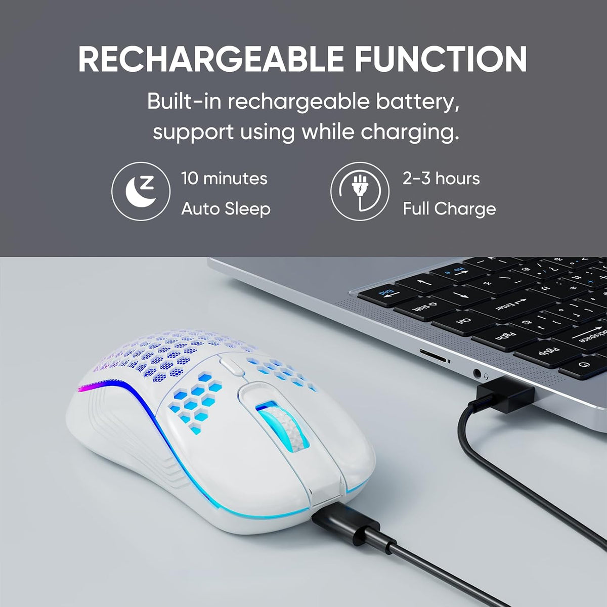 MELOGAGA Wireless Gaming Mouse RGB Rechargeable Lightweight Honeycomb White | 7-Color LED Light, 4 DPI Levels, USB-C Recharge & Stable 2.4G Wireless for PC Mac Laptop Desktop Computers