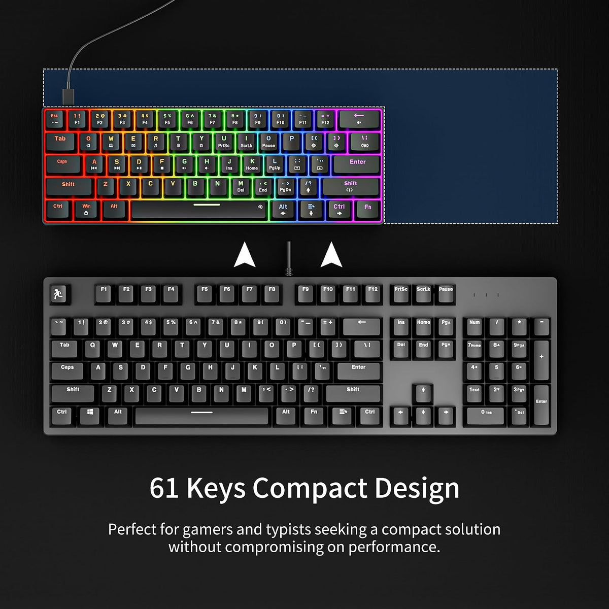 Newmen GM611 Mechanical Keyboard,LEDBacklit Wired Gaming Keyboard RedSwitch | Compact Portable,Mini 61 Keys,LED Backlit,60 Percent Mechanical Keyboard,Black Keycaps,Windows Laptop PC,Linear Red Switches