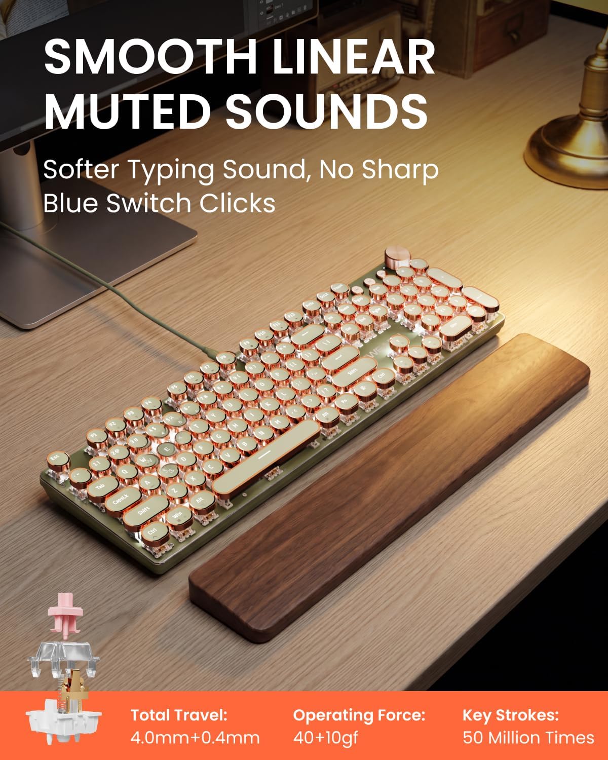 EWEADN Wired Typewriter Mechanical Keyboard, Low Noise Retro Punk Keyboard with Media Knob, White Backlit, Metal Panel, 104-Key Round Keycaps Gaming Keyboard for Windows PC, Pink Switch, Green