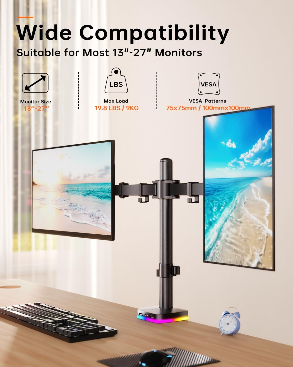 Afaloona RGB Dual Monitor Arm with USB Hub, Desk Mount for 13-27" Monitors