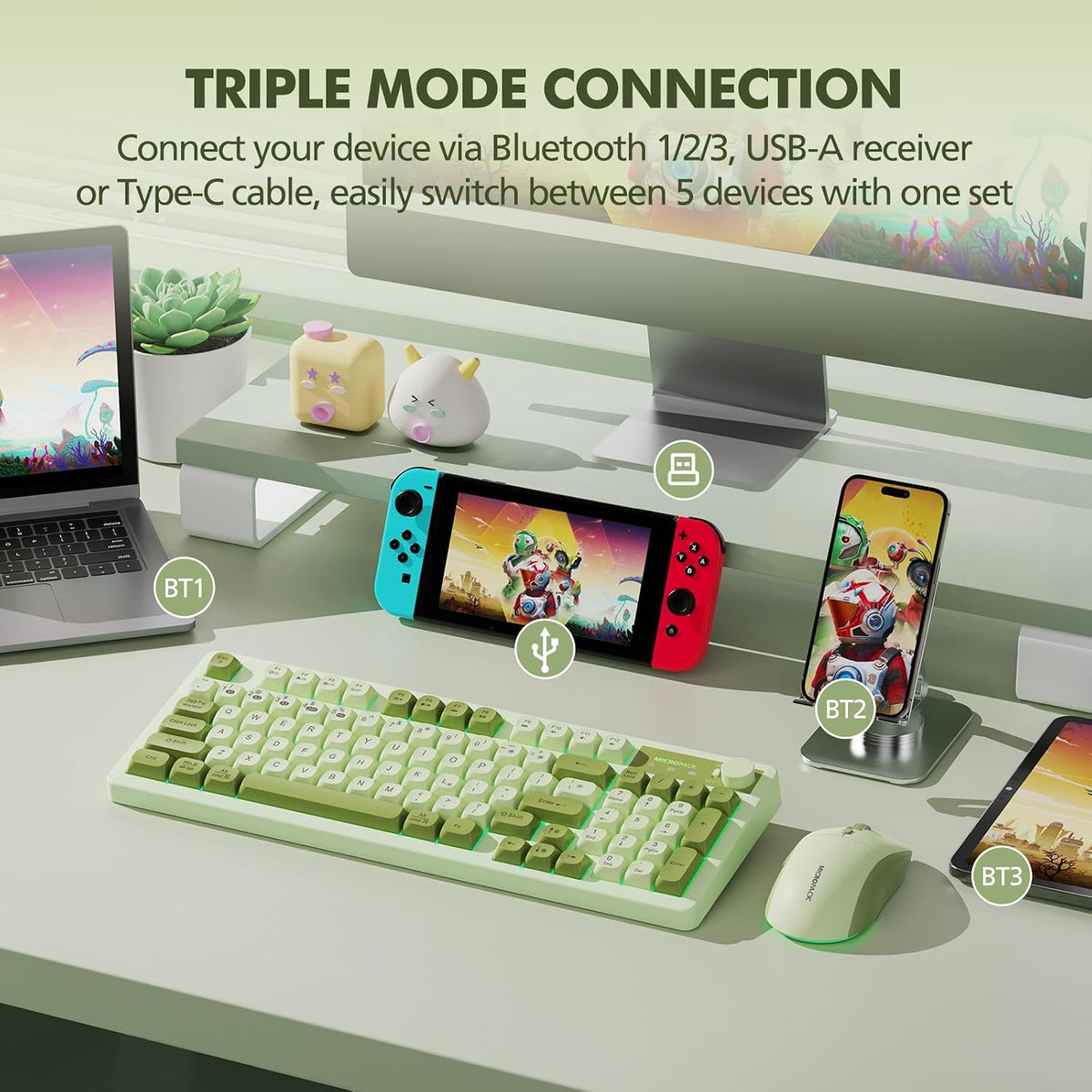 Wireless Keyboard and Mouse Combo Creamy with Number Pad for Desktop Mac iPad Bluetooth/2.4ghz/Wired Rechargeable Light up RGB Quiet Compatible with PC Laptop Tablet (Green)