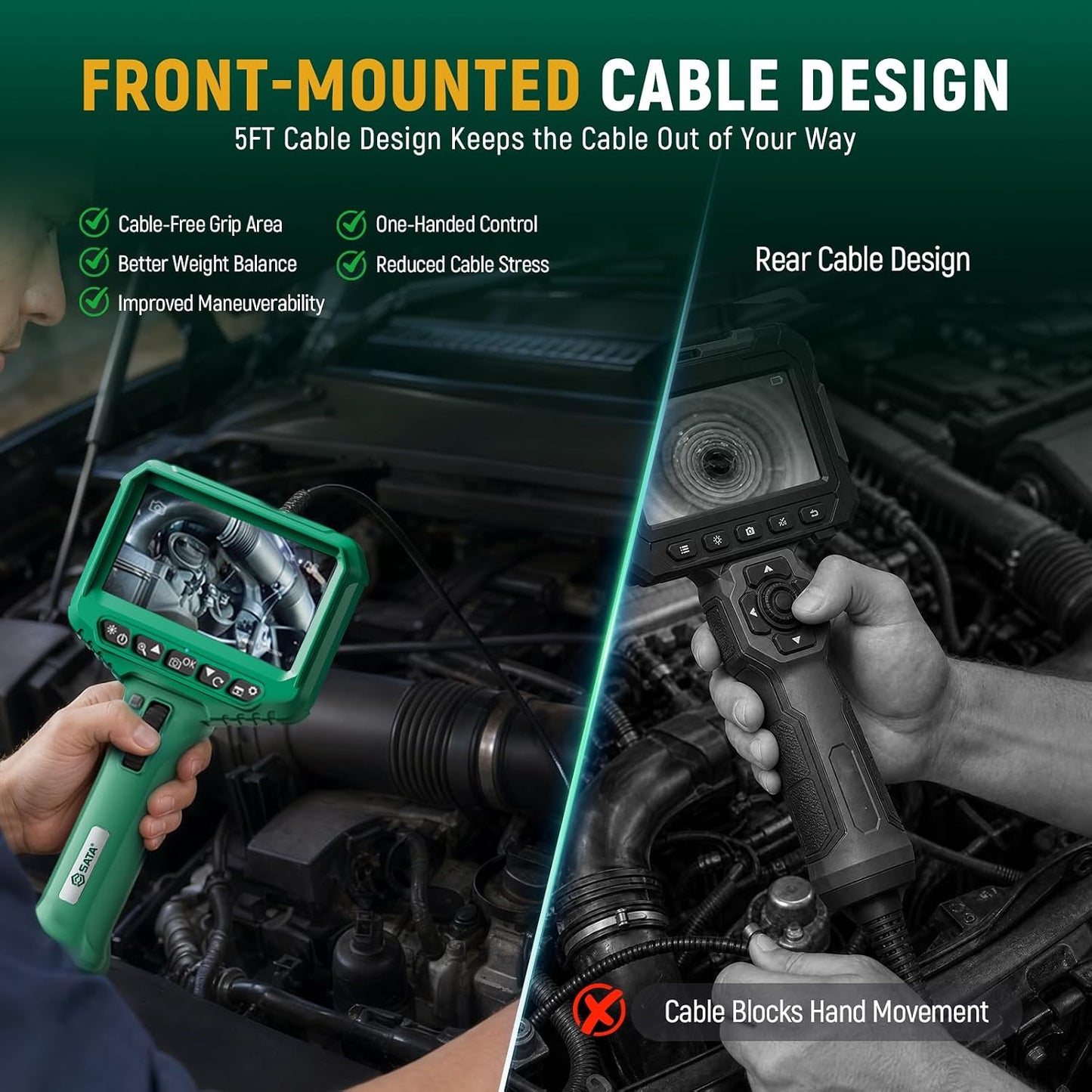 SATA Two-Way Articulating Borescope with Light, 210° Articulation, Industrial Endoscope Camera, IPS HD Display, Flexible Snake Probe for Automotive Engine, HVAC, Plumbing and Mechanical Inspection-5FT