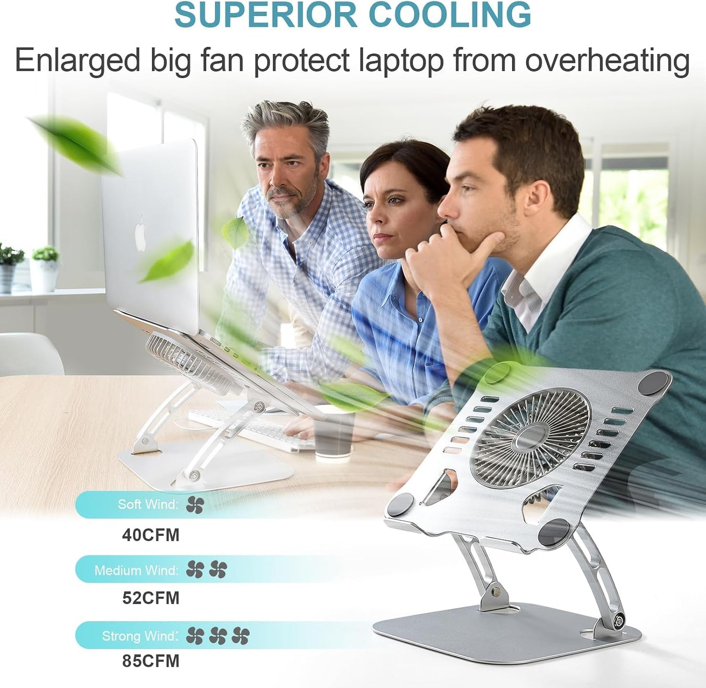 SHUWEI Laptop Cooling Stand with 3 Speed Fan, Adjustable Height Laptop Stand for Desk, Ergonimic Aluminum Laptop Cooling Pad for 10-15'' Notebook - Black