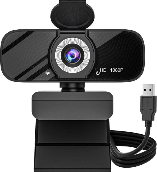 Gozvrpus USB HD Webcam with Built-in Microphone and Rotatable Tripod, 1080P Video, Wide Angle Camera, Privacy Cover, for Desktop PC or Laptop Computer（Black）