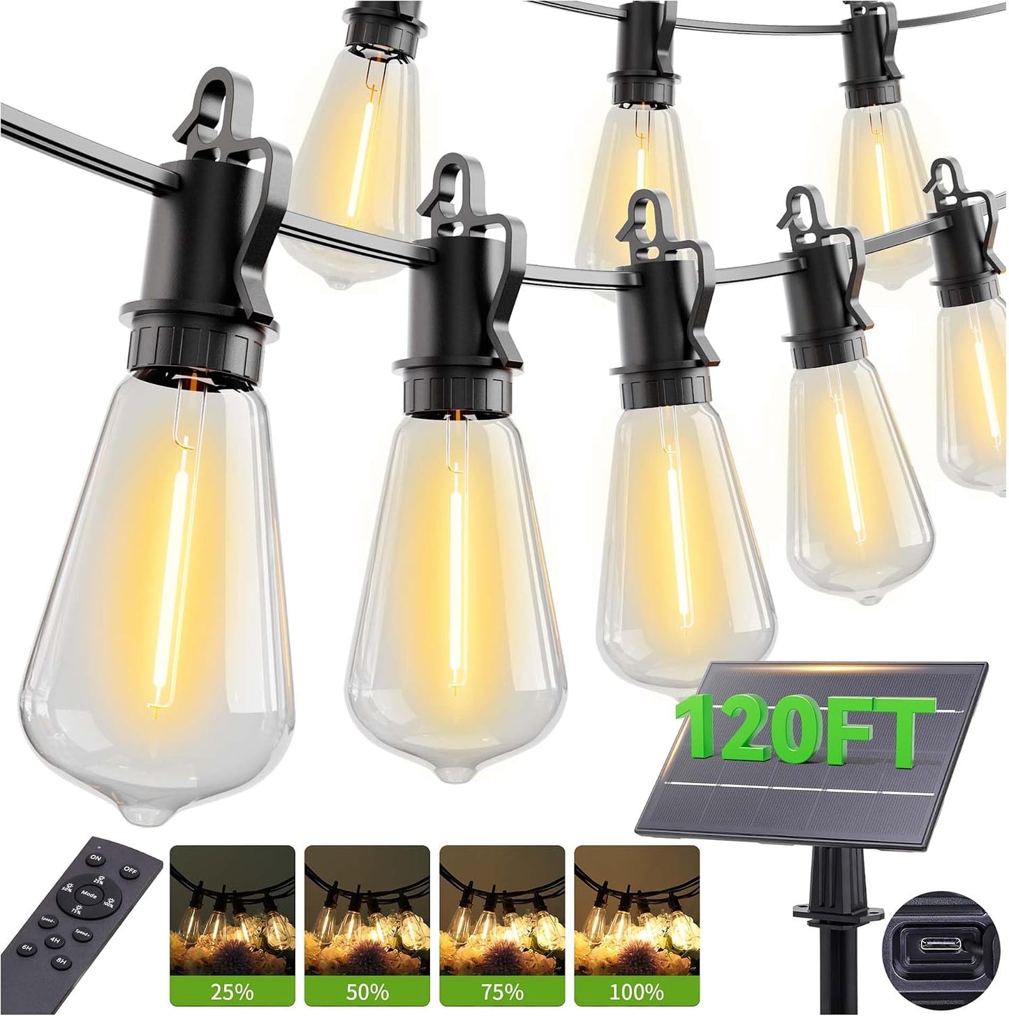60FT Solar String Lights Outdoor Waterproof with Remote,Shatterproof ST38 20 LED Bulbs,2700K Dimmable Solar Lights Outdoor,Outside Hanging Lights for Patio,Garden,Camping,Deck,Backyard Decor