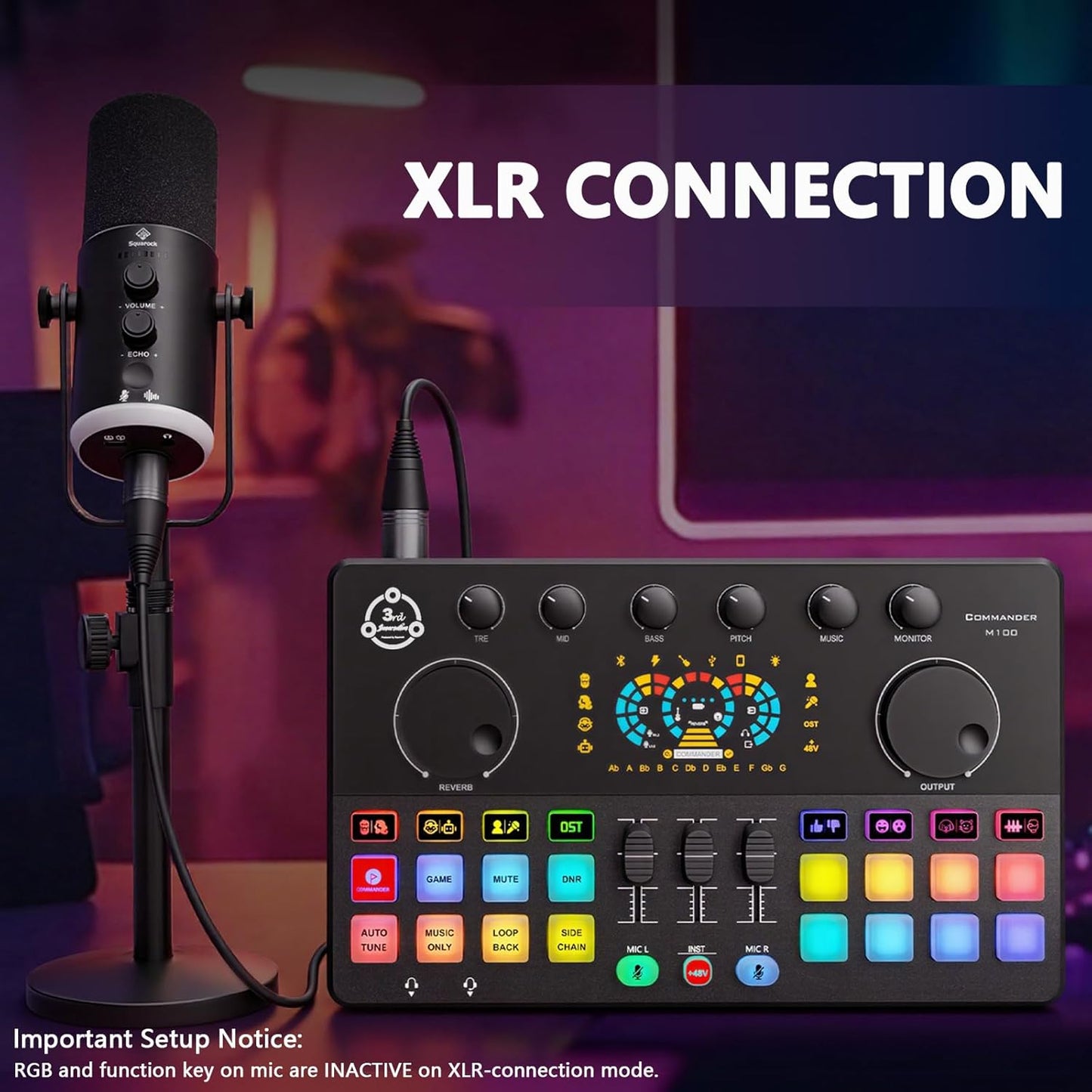 Podcast Equipment Bundle, RGB Audio Interface Mixer with Dynamic XLR/USB Microphone, Desktop Stand, Noise Reduction, Voice Changer, for Vocal Recording, Podcasting, Streaming, Gaming,TikTok