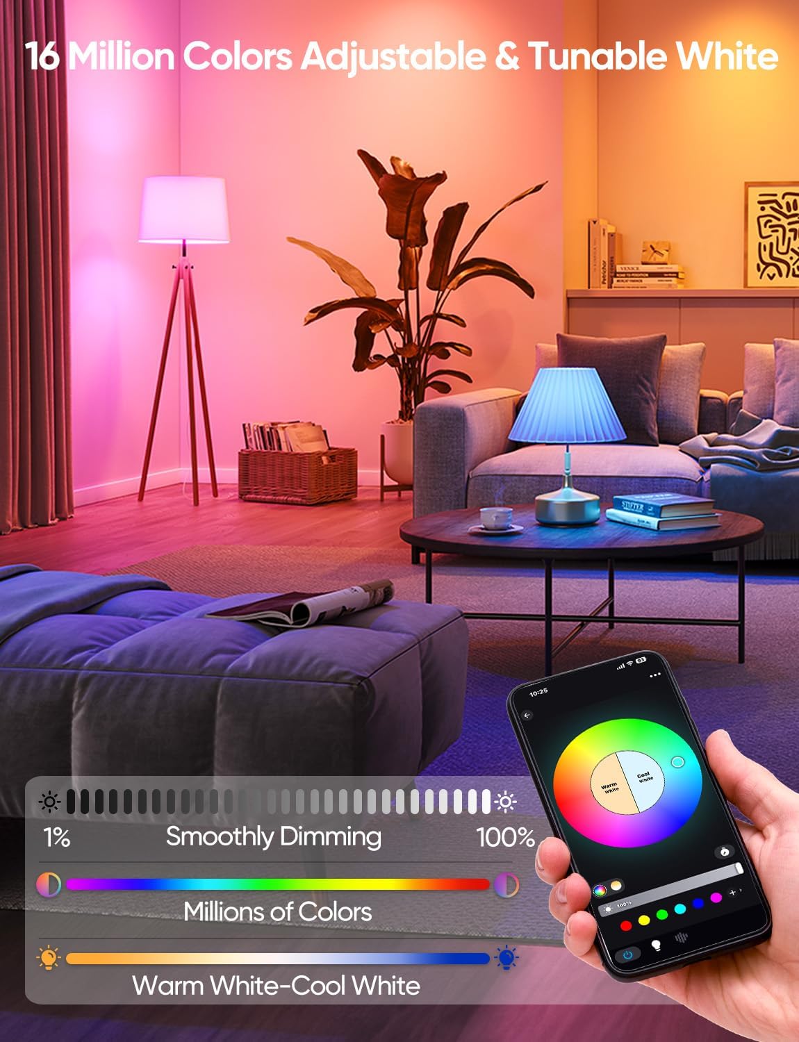 Brightever Smart A19 LED Light Bulbs, 60W Equivalent 800LM Color Changing E26 9W Bluetooth Light Bulbs with Remote Control, 16 Million DIY Colors RGBWW, Music Sync, 2-Pack