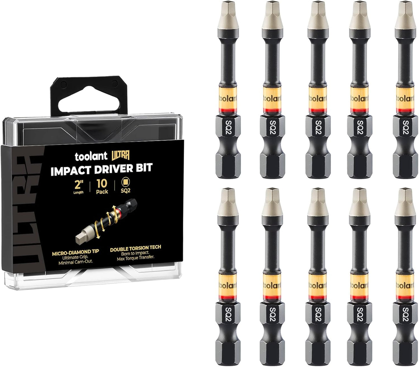 toolant SQ2 2" Magnetic Square Impact Bits, 10-Piece Set | Impact Steel X2 and CNC-machined micro-textured tips help resist cam-out under torque.