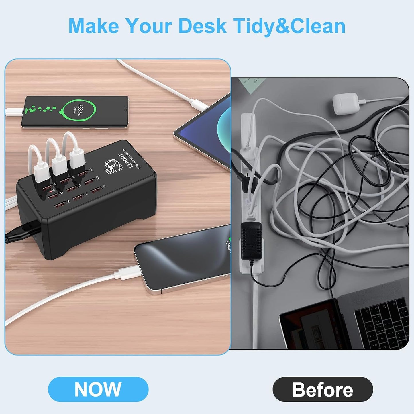 50W 12-Port USB Charging Station for Multiple Devices,Portable USB Charging Hub Compatible with iPhone, Android,Tablet and More-Compact Charger Block for Home, Office & Entrepreneur