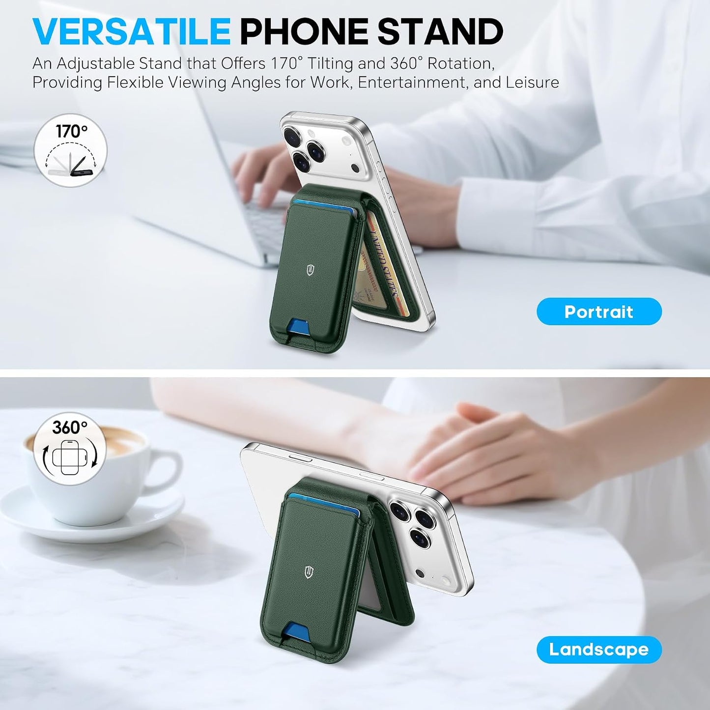 SHIELDON Genuine Leather Magnetic Wallet Stand for MagSafe, Evergreen | Strong Magnetic, 6 Card Holders, Kickstand, Rfid Blocking, Quick-access, ID Window, for iPhone 17/16/15/14/13/12 Series