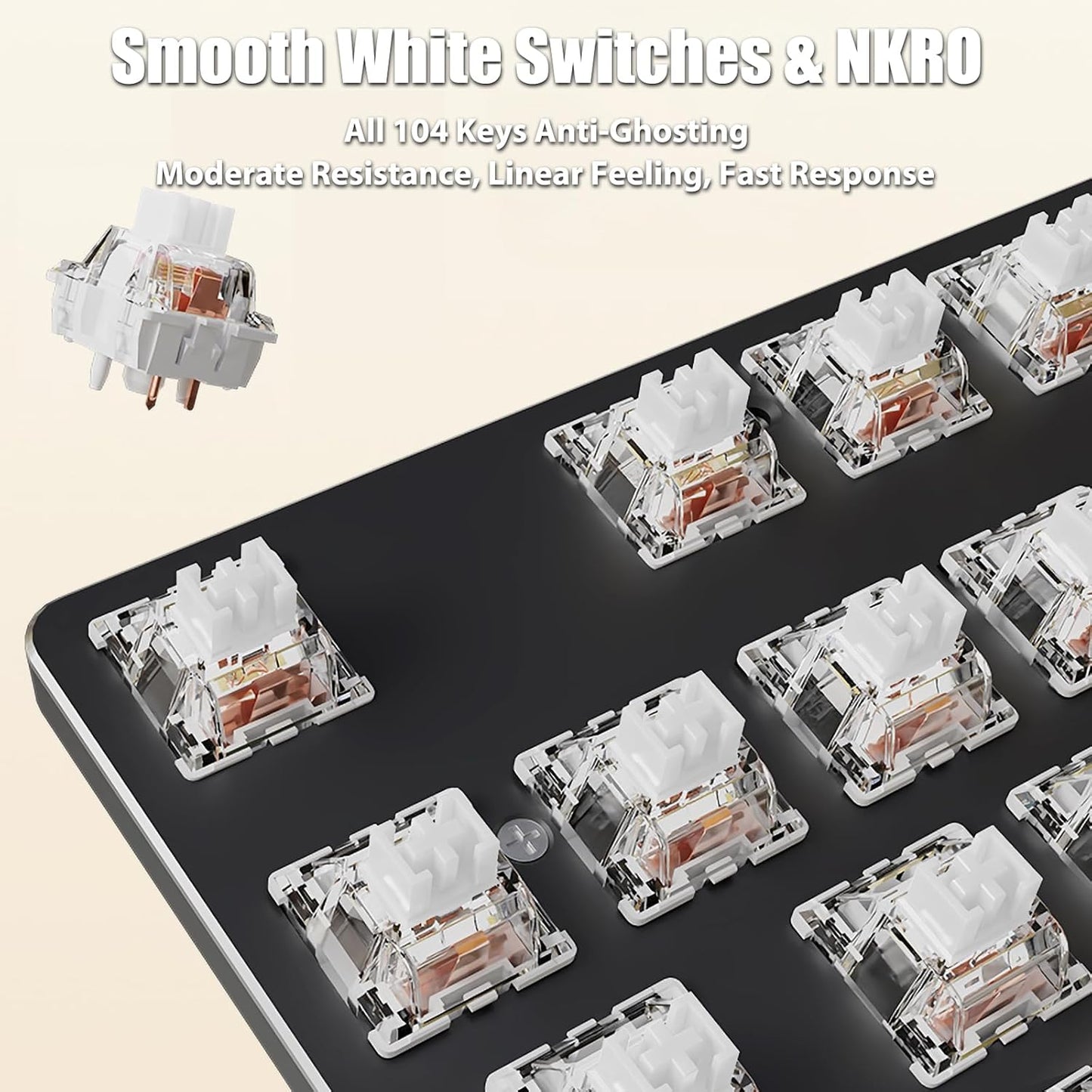 Typewriter Style Mechanical Gaming Keyboard White LED Backlit | 104-Key NKRO White Switches Retro Round Keycaps Gold Rings Volume Knob Metal Panel Wired USB-C Detachable Cable, Black