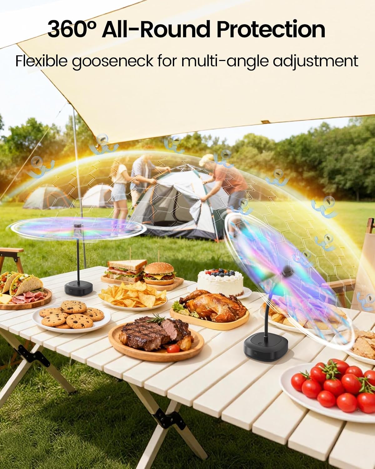 Edvision Fly Fans for Tables, 2000mAh Rechargeable Food Fan, 20H Runtime | Flexible Neck for 360° Coverage, Quiet Table Fan with Soft Safety Blades, Ideal for Party, Picnic, BBQ, Indoor & Outdoor Use