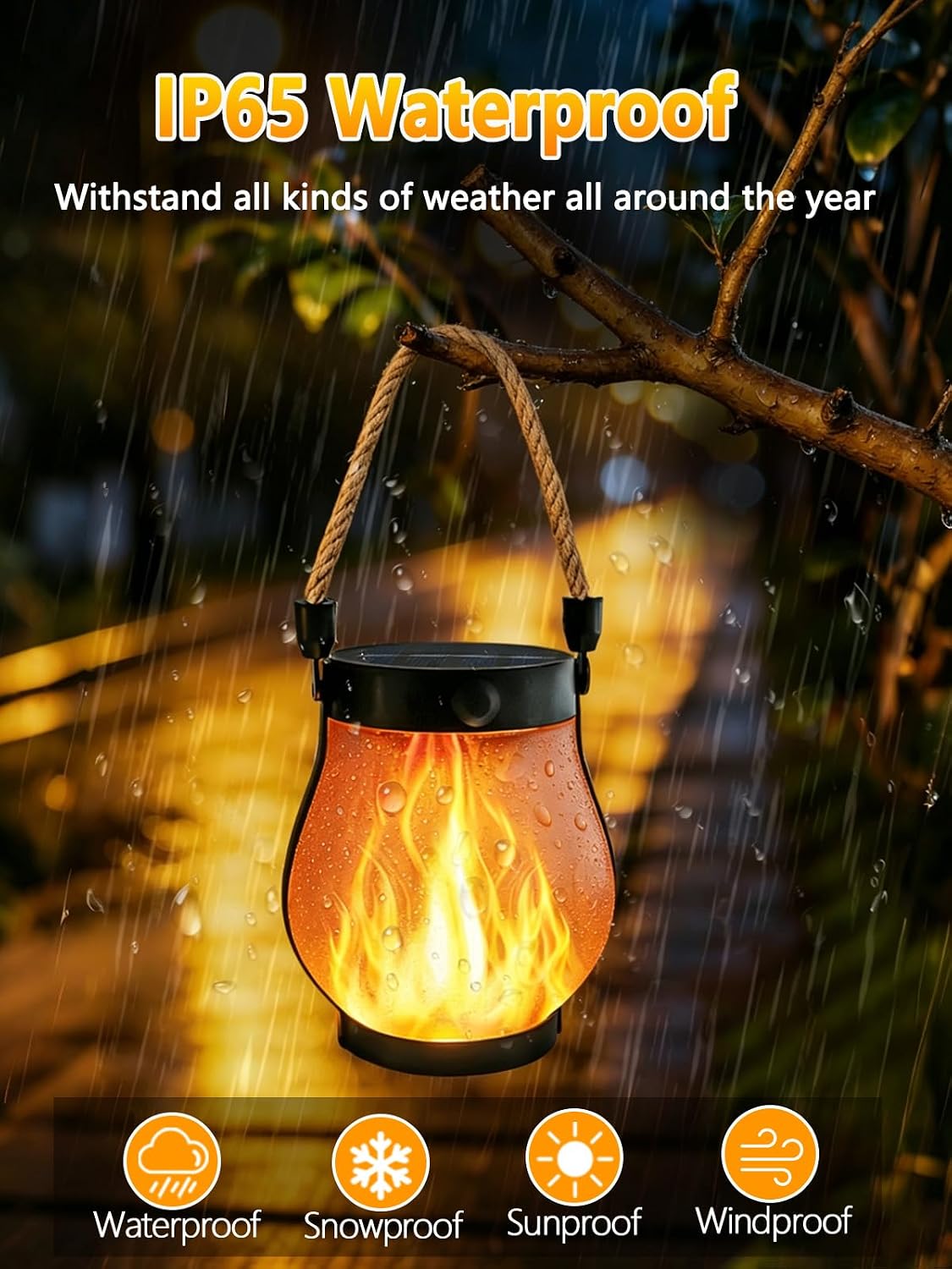 4 Pack Gen2 Solar Lanterns Outdoor Waterproof Hanging Solar Flame Lights | USB & Solar Charging, 2 Modes, Auto ON/OFF, IP65 Waterproof, Hemp Rope Handle, Indoor Outdoor for Garden Tree Tabletop Decor
