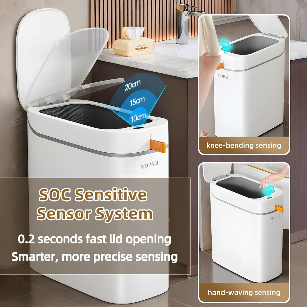 MOPALL Automatic Motion Sensor Bathroom Trash Can with Lid, 3.5 Gallon