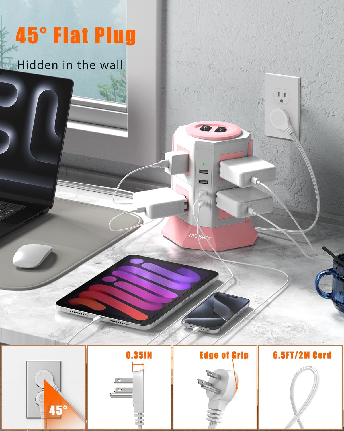 Surge Protector Power Strip Tower with 8 AC Outlets 4 USB Ports(2 Type C) | 6.5FT Thin Extension Cord with Multiple Outlets, Desktop Charging Station, Flat Plug Outlet Extender for Home Office Dorm