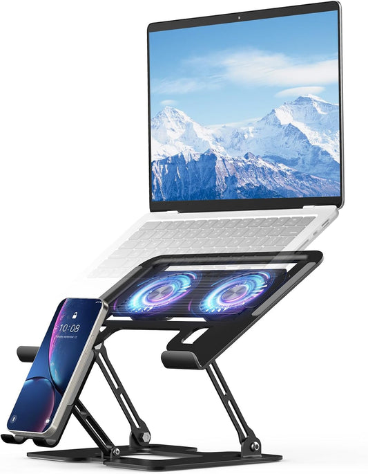 Laptop Cooling Stand with Detachable Fan,2-IN-1 Laptop Stand with Phone Holder and Silent Fans,Adjustable Height and Angle,Carbon Steel Framework,Laptop Cooling Pad for up to 16”Laptop (Black)
