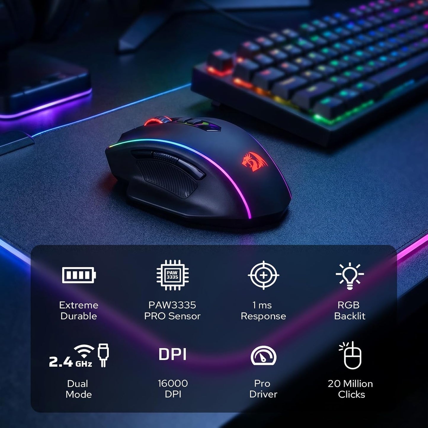 Redragon M686 Wireless RGB Optical Gaming Mouse 16000 DPI Remapping Keys | Cable-Free 0 Delay, Smooth Precise Tracking, Custom Macro Keybinds, Vibing Backlight, Ergonomic Grip Body Comfort