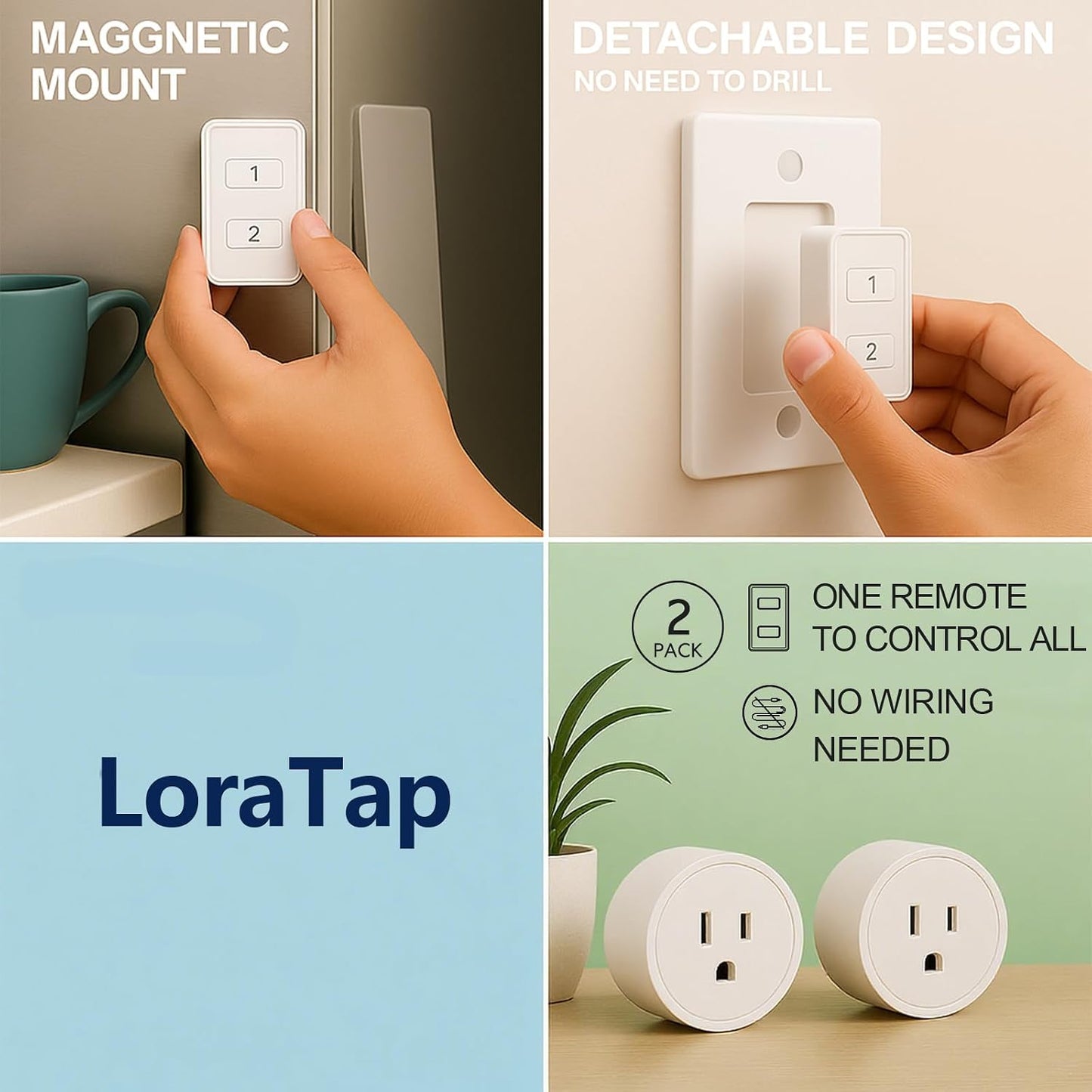 LoraTap Mini Wireless Remote Control Outlet Plug Adapter (2 Pack) with Remote, 2 Channel Wall Switch, 656ft Control Range for Indoor Lamps and Home Appliances, No Hub Required, 10A/1100W, White