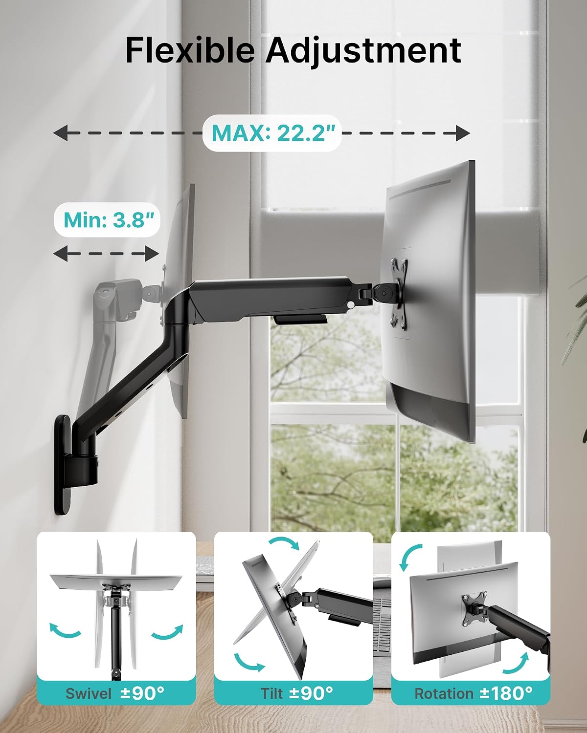 PEGZONE Single Monitor Wall Arm 17"-40" Ultrawide 26.4Lbs VESA Black | Fully Adjustable, Space Saving Design, VESA 75x75 & 100x100, For Home Office Gaming, Supports Ultrawide Displays