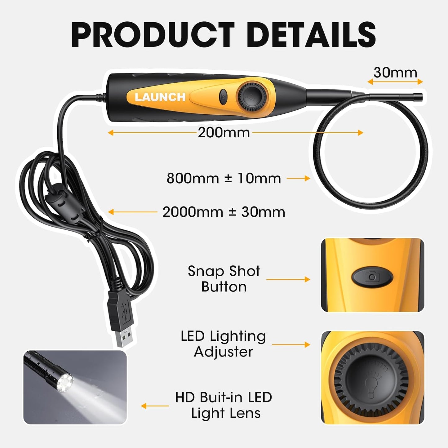 LAUNCH VSP-600 Endoscope 5.5mm Ultra-Thin, Lens HD Wide Application Videoscope Borescope high Definition Multi-Angle Imaging One-Click Snapshot IP67 Waterproof with 2000mm USB Cable