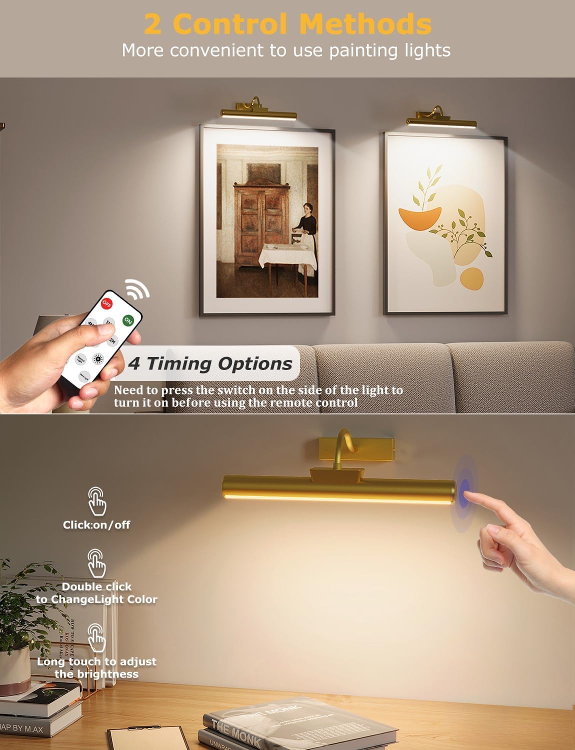 13" Wireless Picture Lights for Wall, Rechargeable Art Light, 2Pack Gold
