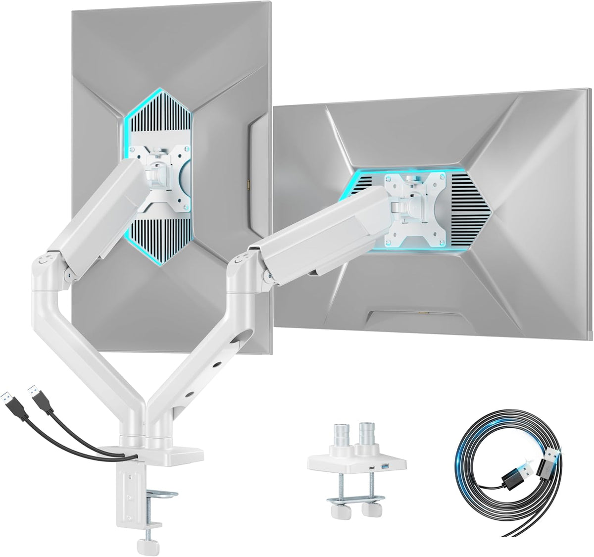 ARES WING Dual Monitor Mount with USB for 2 Monitors for 17-35 inch, White