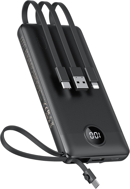 VEEKTOMX 10000mAh Portable Charger with 4 Built-in Cables | Slim Power Bank, USB-C Battery Pack with iPhone & Micro USB, TSA Approved Travel Charger for iPhone, Samsung, Android, Black