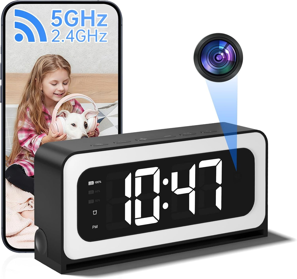 Clock Camera 2K, 5G&2.4G WiFi Indoor Security Camera, Cameras for Home Security, 3 in 1 Baby Camera with Alarm, Rechargeable Battery, pet Camera, Full Color Night Vision, Local Storage