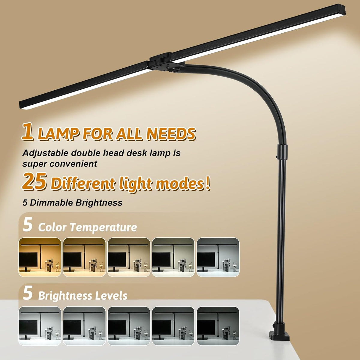 LED Desk Lamp with Clamp, Dual Head Monitor Light, Remote | 24W Dimmable Eye-Caring Task Lamp with Timer, Anti-Glare Cover and Gooseneck for Home Office Dorm, Workbench and Study