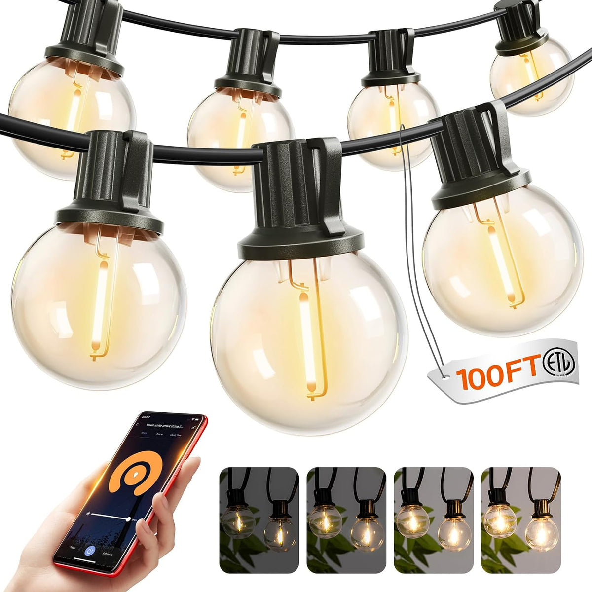 addlon Outdoor String Lights 100FT G40 with APP 54 LED Shatterproof Bulb
