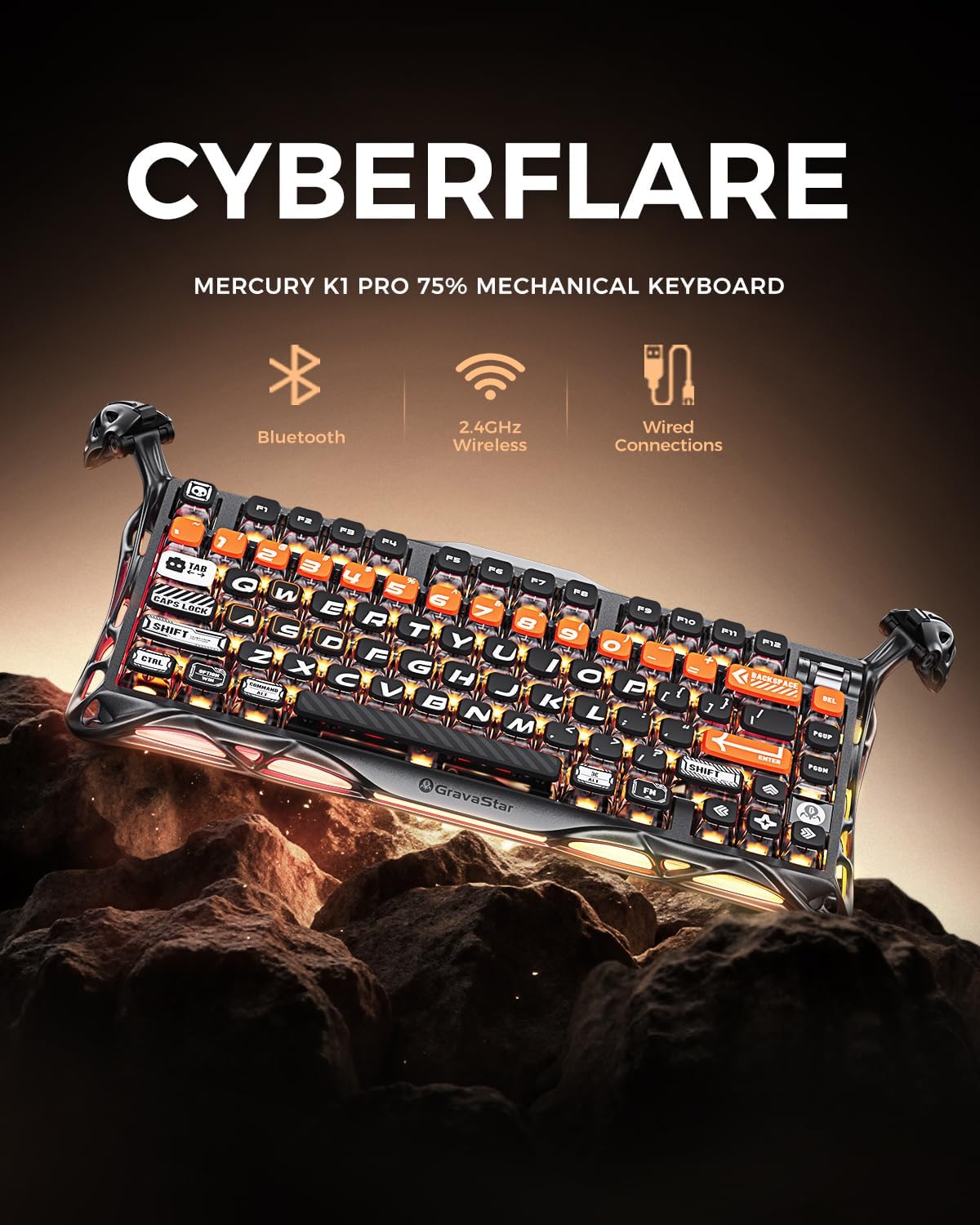 GravaStar Mercury K1 Pro Wireless Mechanical Gaming Keyboard, 75% Layout RGB Custom Keyboard, Aluminum Alloy Matte Black Frame with Phoenix-Inspired Keycaps, Hot-Swappable Linear Switches【CyberFlare】