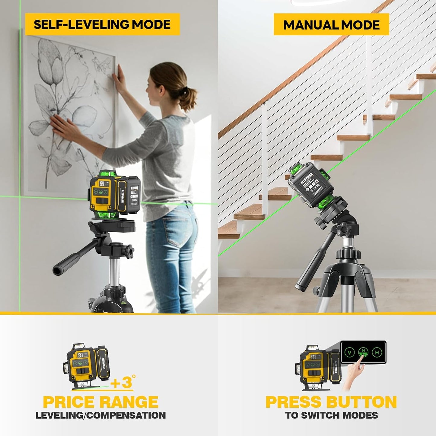 Alloyman Laser Level with Tripod, Laser Level 4× 360° Self Leveling | Green Line Lazer Leveler Tool with with 2Pcs Lithium Batteries, Ideal for Picture Hanging, Tile, Home Renovation, Indoor