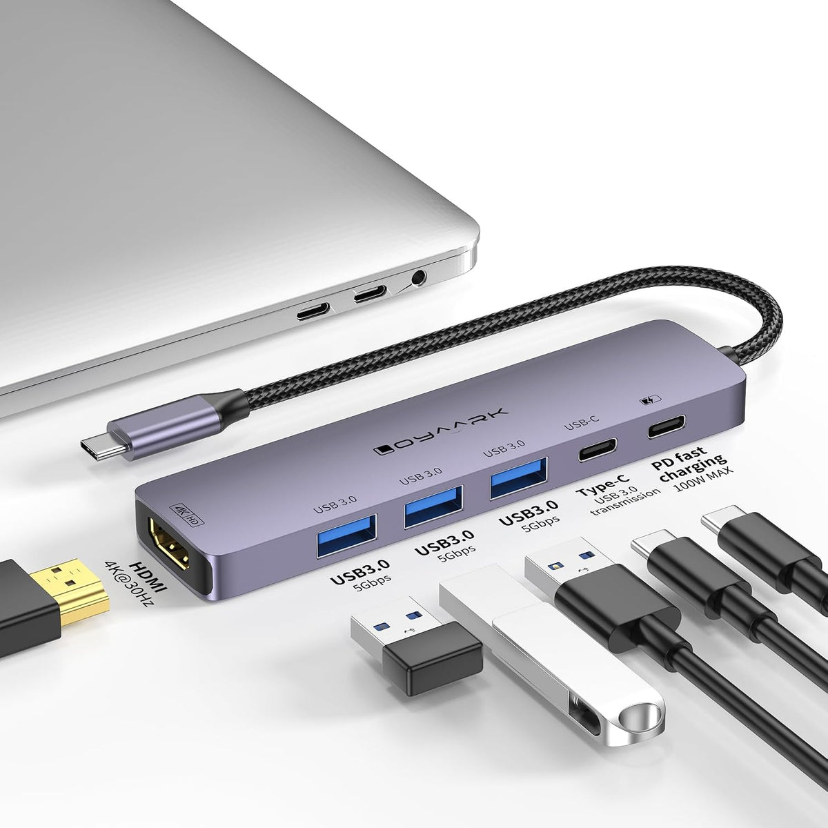 USB C HUB,USB C to 4K30hz HD Multi-Port Adapter,3USB 3.0 Ports and 1 5Gbps USB-C Data Ports,USB cSplitter with 4K30hz HD Port and PD 100W SmartCharging (T601)