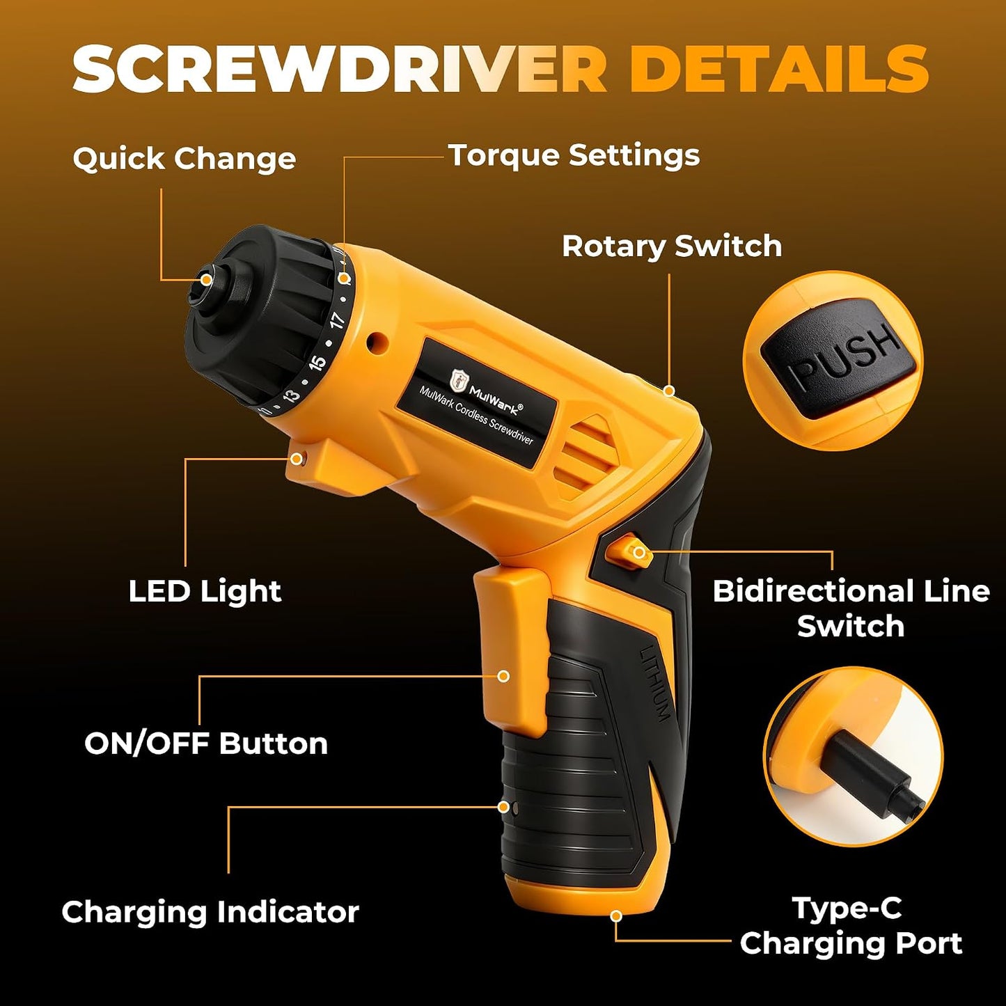 MulWark Electric Screwdriver Set, 4V Cordless Screwdriver with 46 Precision Driver Bit Set in Carrying Case Rechargeable 2-Position Handle, Powered Screwdriver Kit for Home Improvement, DIY Projects