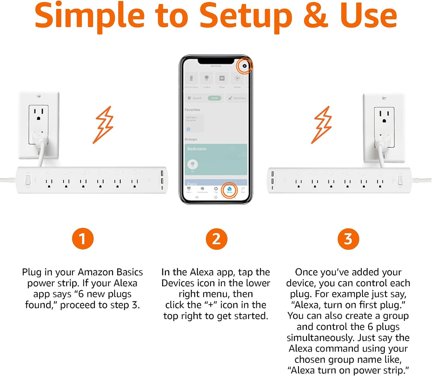 Amazon Basics Smart Plug Power Strip with 6 Individually Controlled Outlets and 3 USB Ports (2 USB-A and 1 USB-C), WiFi, Works with Alexa Only, 2.4 GHz, No Hub Required, White