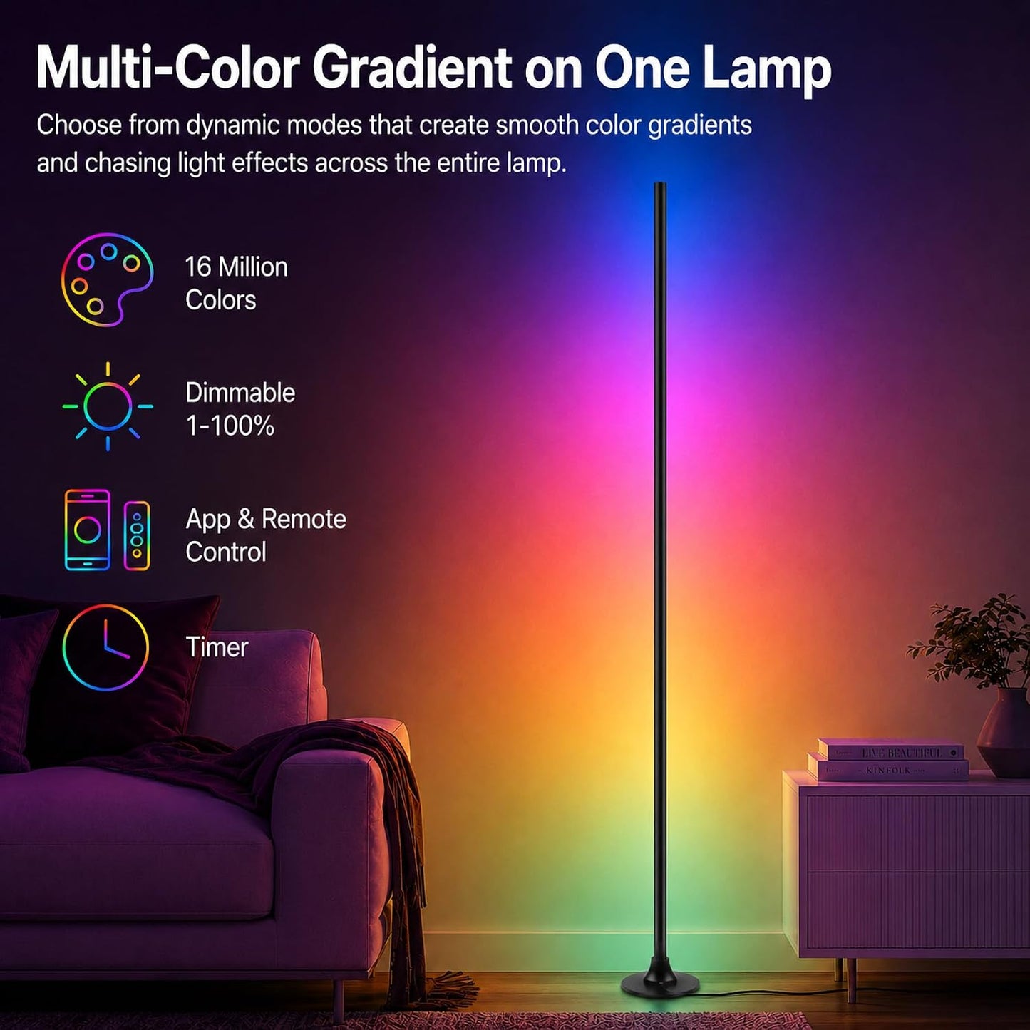 Corner Floor Lamp with Remote & App Control,RGB Color Changing LED Floor Lamp with Music Sync,16 Million Colors & 100+ Scene Modes,Dimmable Ambient Light for Living Room Gaming Room,USB Powered
