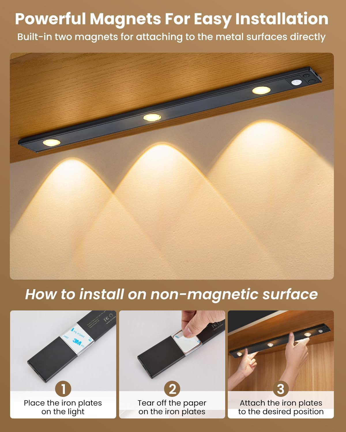 3 LED Under Cabinet Light, Under Counter Dimmable Lighting with Motion Sensor, USB Rechargeable Motion Sensor Light, Cat’s Eye Hill Corrugated Effect, for Display Cabinet, Showcase, Wine Cabinet